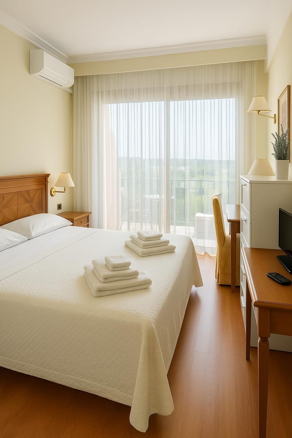 Bed, Photo of the whole room, Bedroom, towels, air conditioner