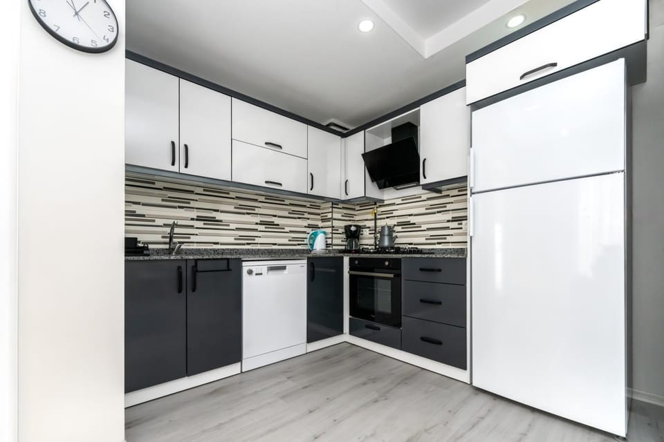 Kitchen or kitchenette, dishwasher, oven, stove