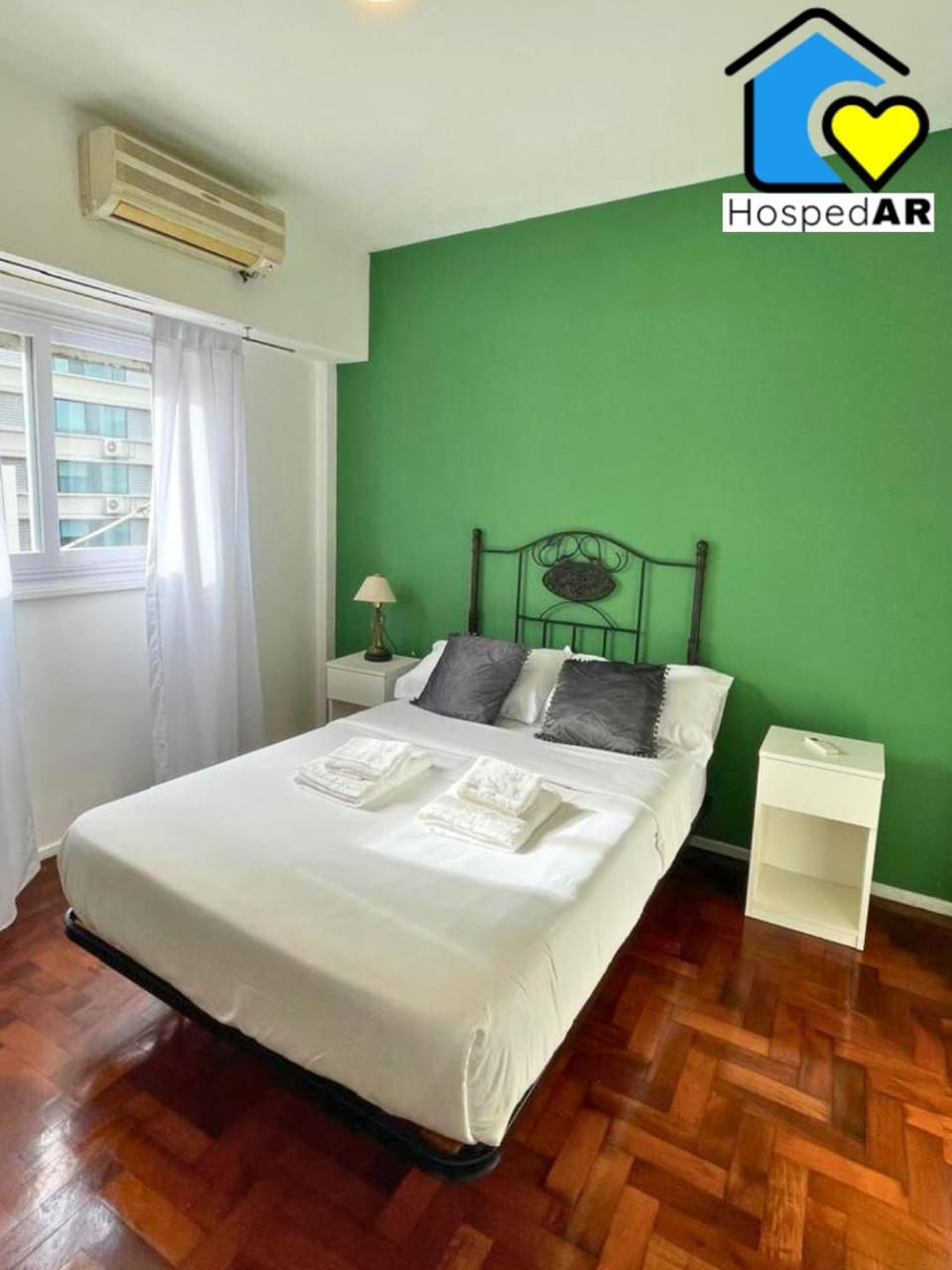 Bed, Photo of the whole room, Bedroom, towels, air conditioner