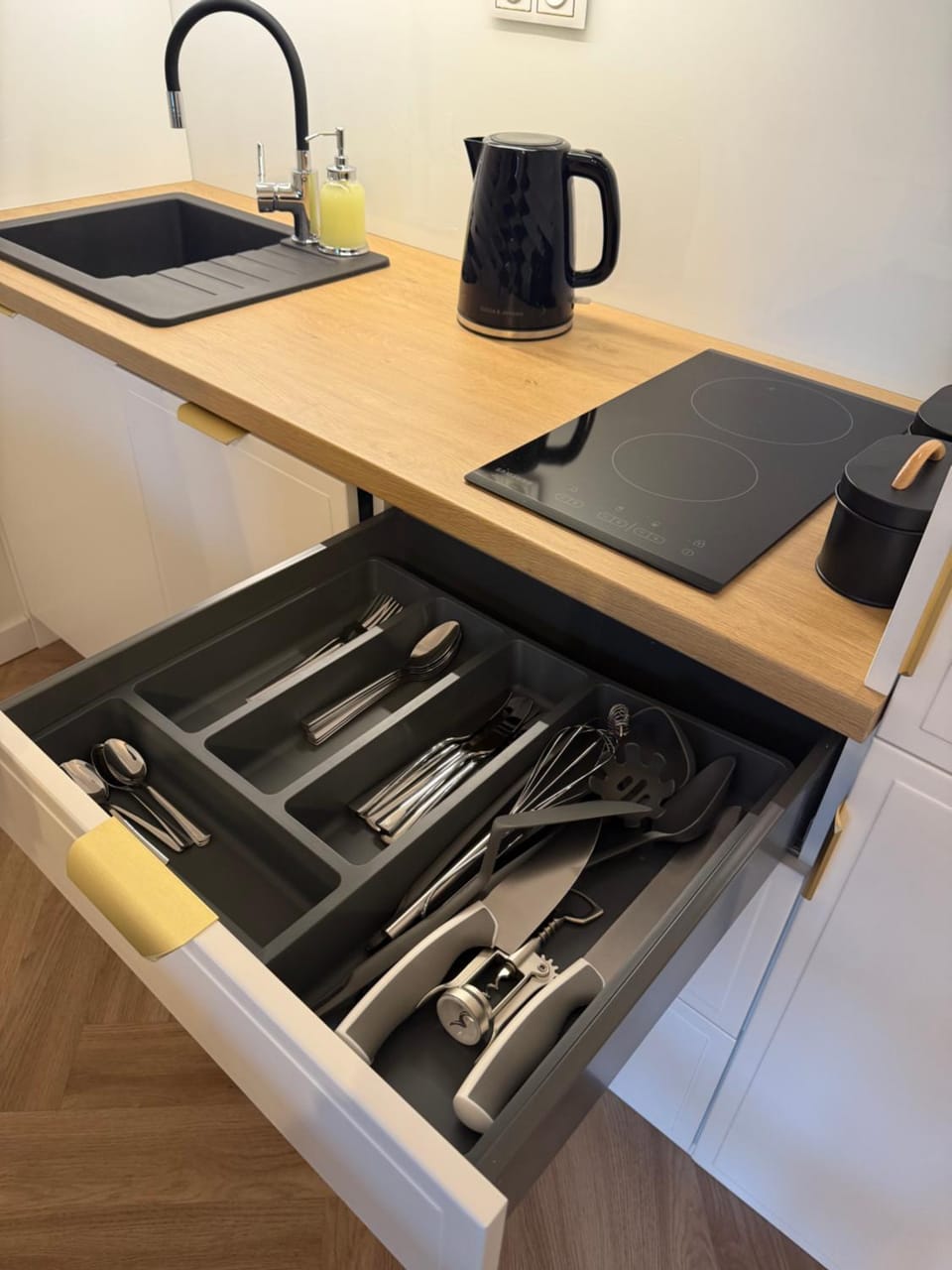 Kitchen or kitchenette, stove