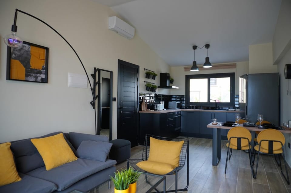 Kitchen or kitchenette, Living room, Seating area, Dining area