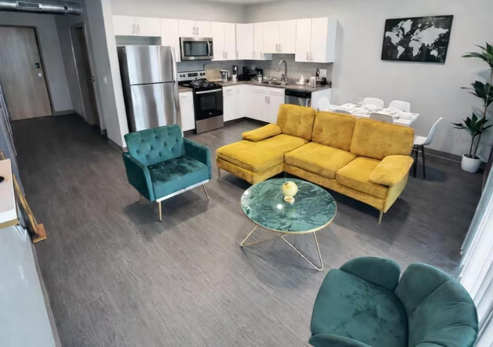 Kitchen or kitchenette, Living room, Seating area, oven, stove