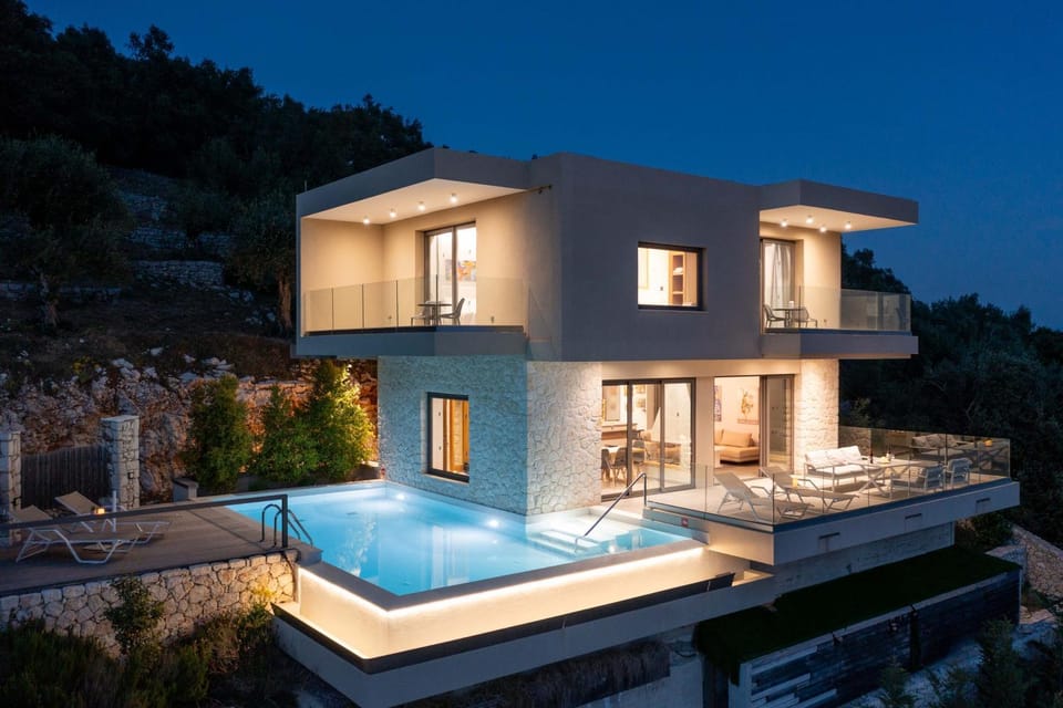 Property building, Patio, Night, Natural landscape, Pool view, Swimming pool, sunbed