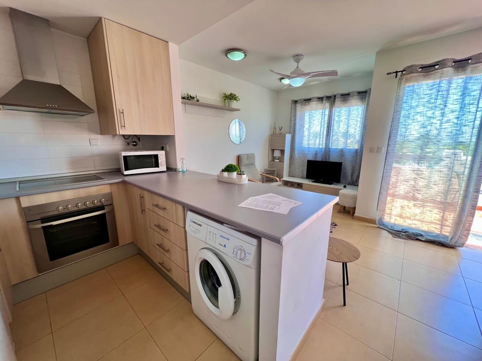 Kitchen or kitchenette, oven, stove, washing machine