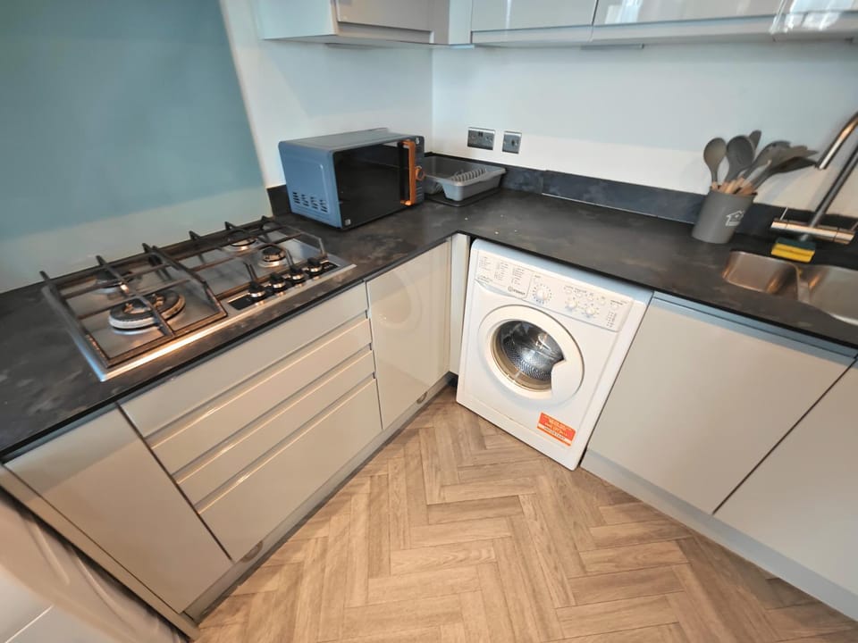 Kitchen or kitchenette, stove, washing machine, dryer