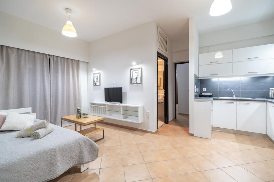 Bed, TV and multimedia, Kitchen or kitchenette, Living room, Photo of the whole room, Seating area