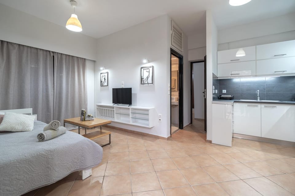 Bed, TV and multimedia, Kitchen or kitchenette, Living room, Photo of the whole room, Seating area