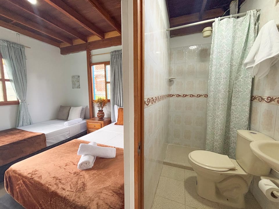 Shower, Toilet, Bed, Bathroom, Photo of the whole room, Bedroom, towels