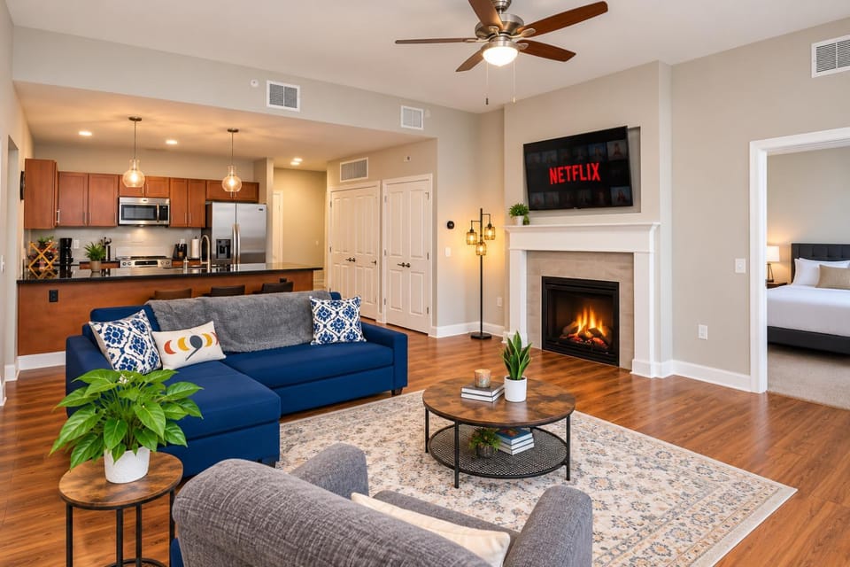 TV and multimedia, Kitchen or kitchenette, Living room, Seating area, fireplace