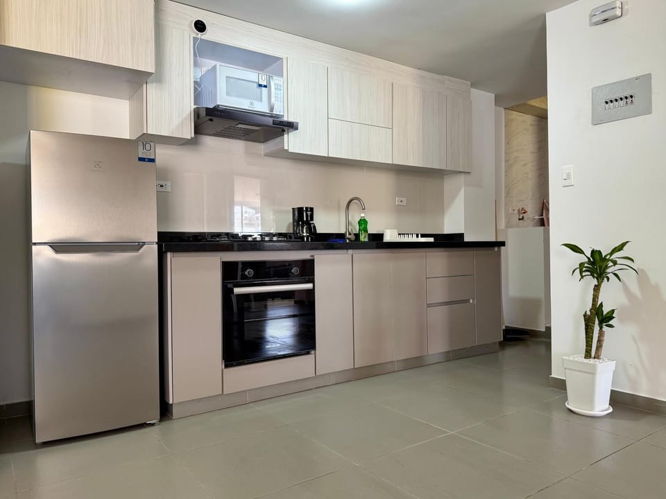 Kitchen or kitchenette, microwave, oven