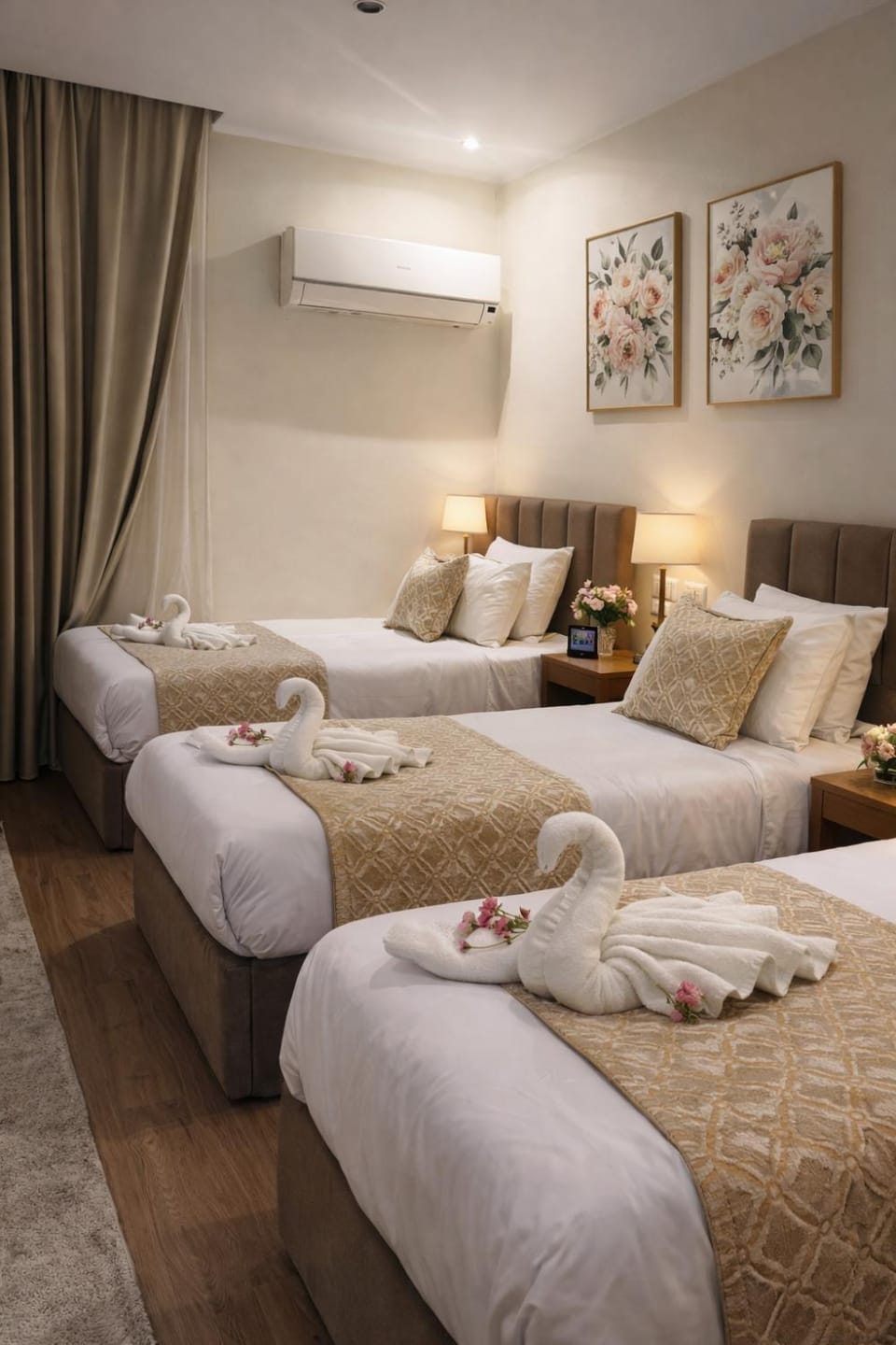 Bed, Photo of the whole room, Bedroom, towels, air conditioner