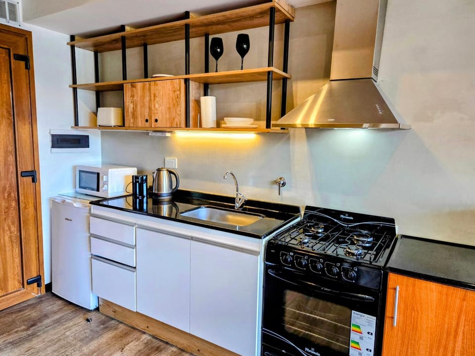 Kitchen or kitchenette, microwave, oven, stove, toaster
