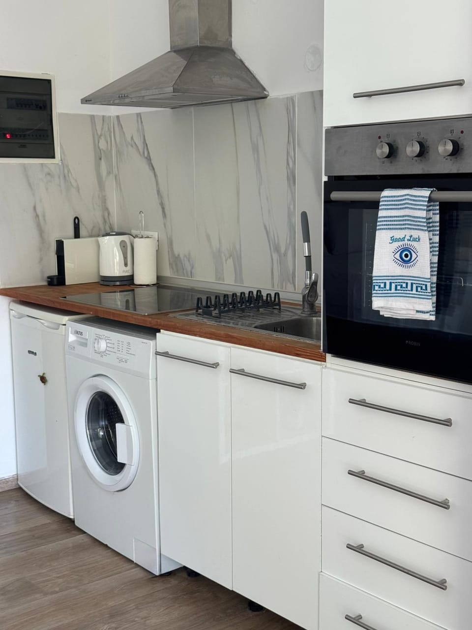 Kitchen or kitchenette, stove