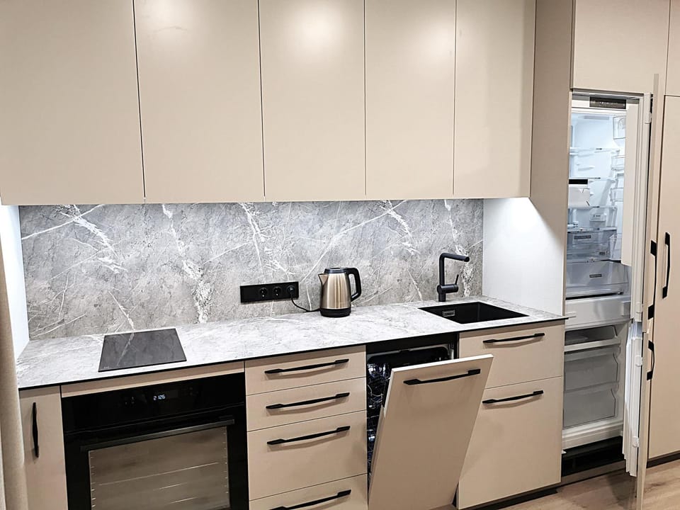 Kitchen or kitchenette, dishwasher, oven, stove