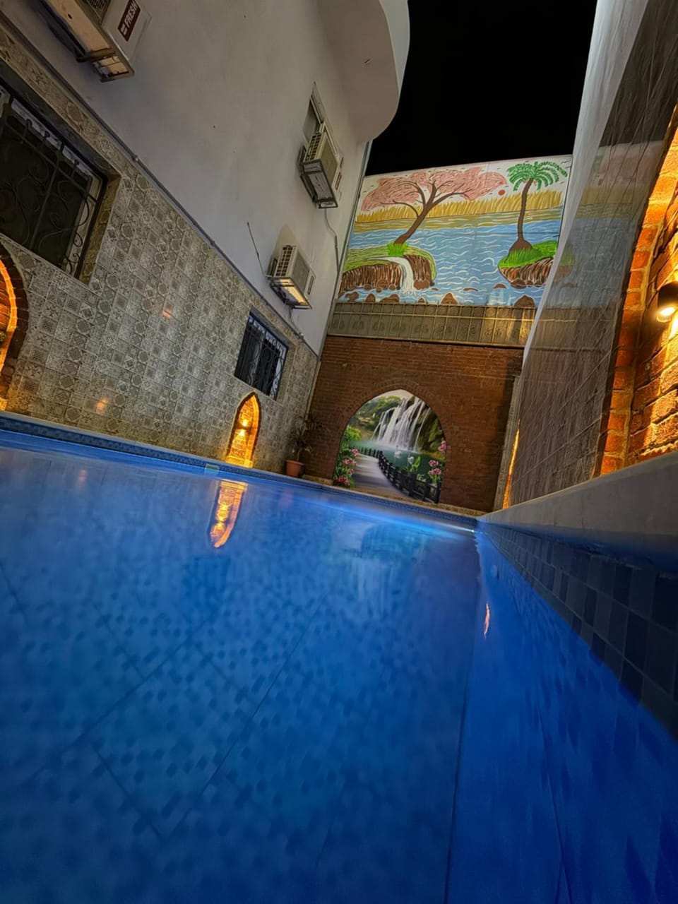 Night, Pool view, Swimming pool, Swimming pool