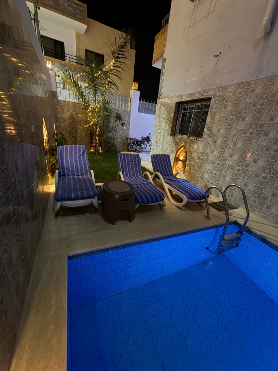 Patio, Night, Natural landscape, Pool view, Swimming pool, Swimming pool, sunbed