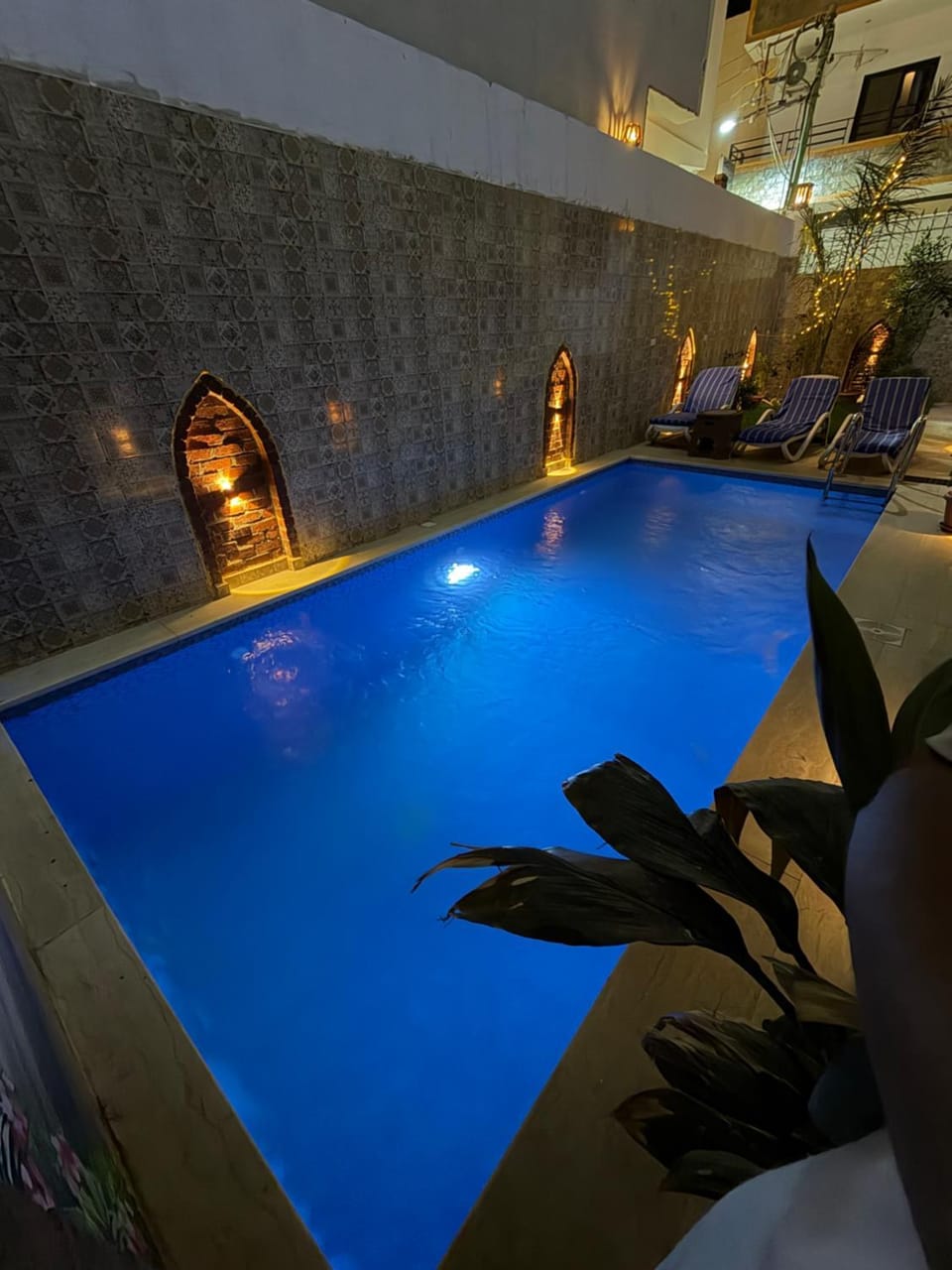 Patio, Night, Pool view, Swimming pool, Swimming pool, sunbed