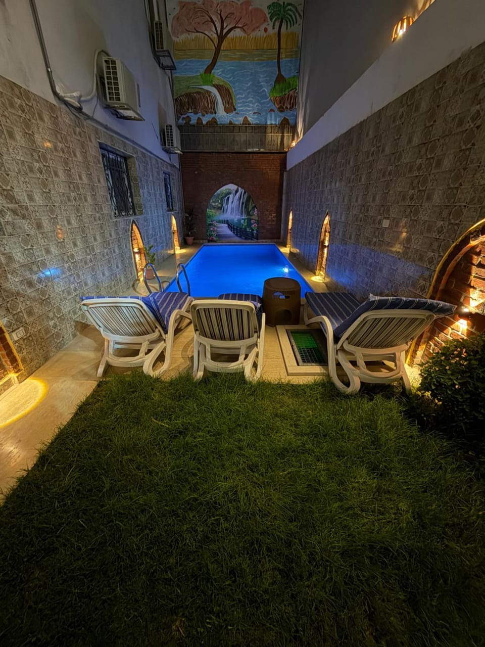 Patio, Night, Garden, Garden view, Pool view, Swimming pool, sunbed