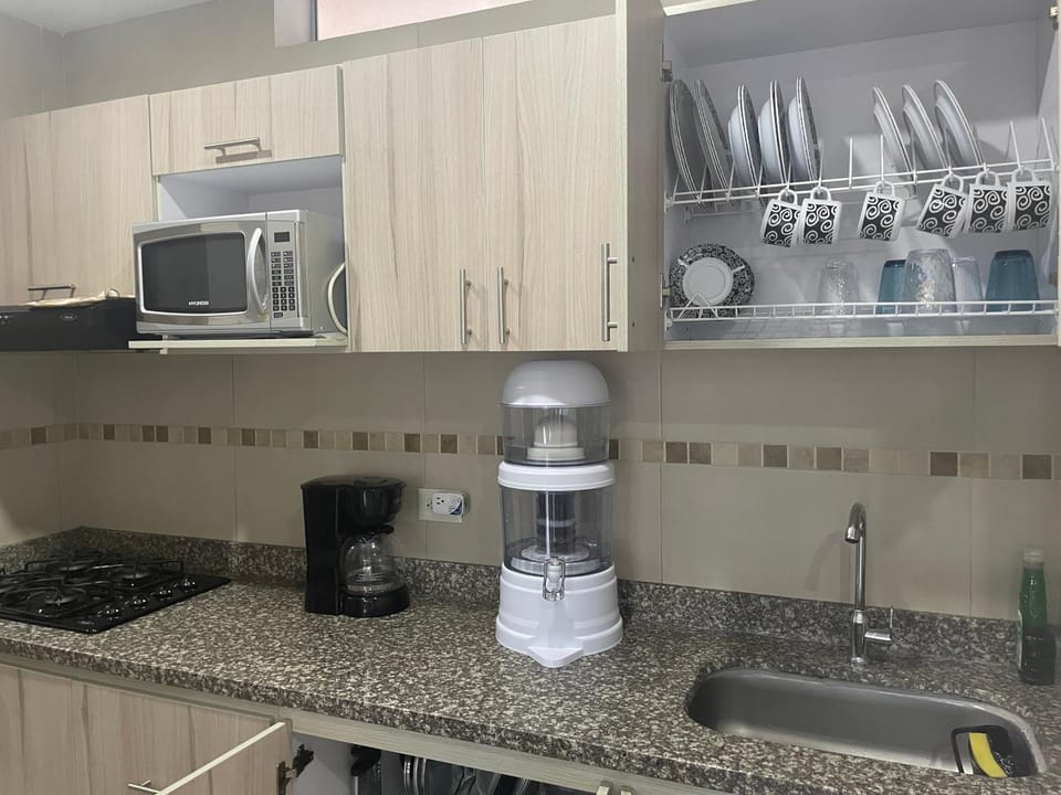 Kitchen or kitchenette, microwave, toaster