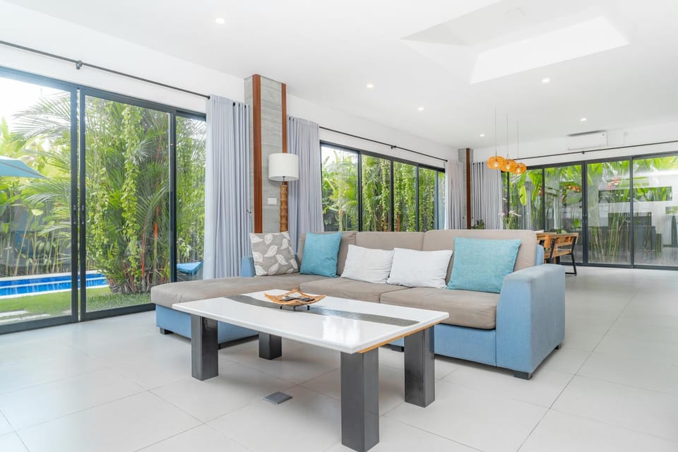 Living room, Seating area, Pool view