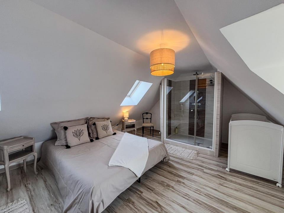 Shower, Bed, Photo of the whole room, Bedroom, towels, towels