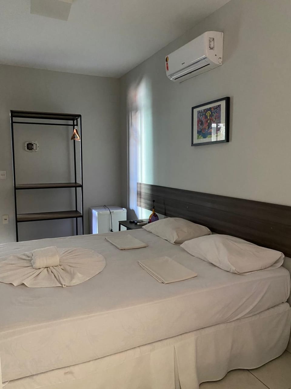 Bed, Photo of the whole room, Bedroom, towels, air conditioner