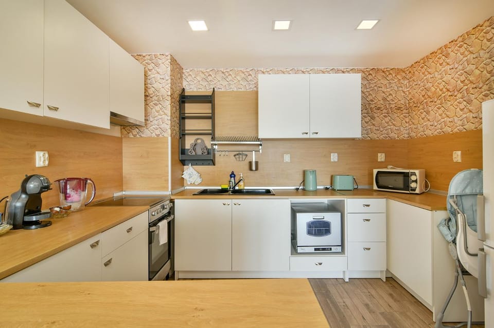 Kitchen or kitchenette, dishwasher, oven, stove
