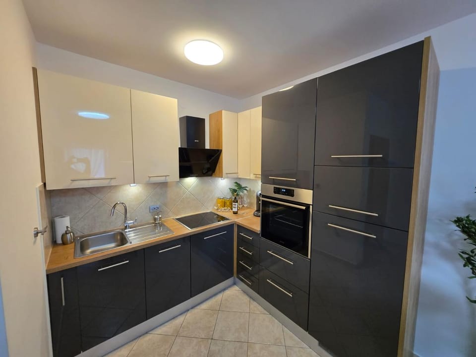 Kitchen or kitchenette, dishwasher, oven, stove