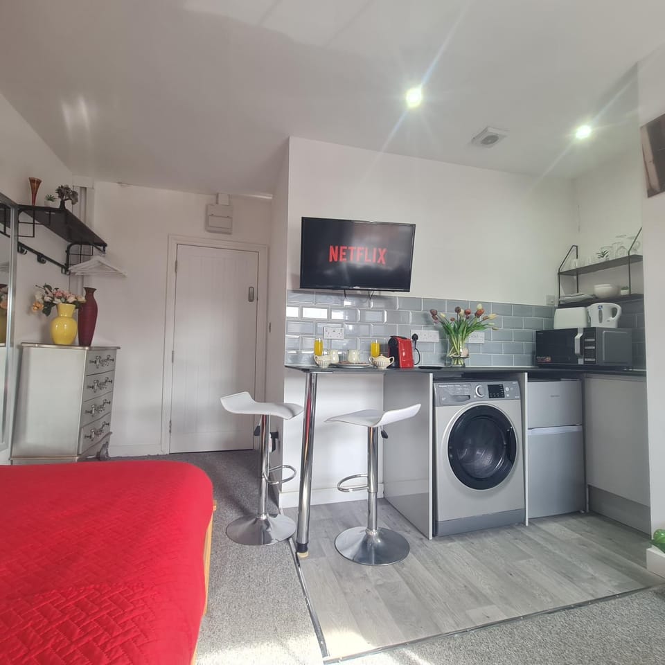 Kitchen or kitchenette, oven, stove, toaster, washing machine, dryer