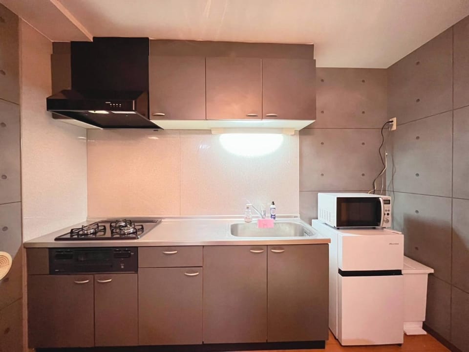 Kitchen or kitchenette, microwave, stove