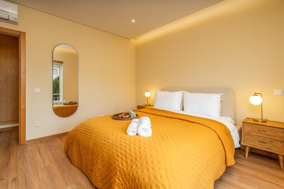 Bed, Bedroom, towels, wardrobe, air conditioner