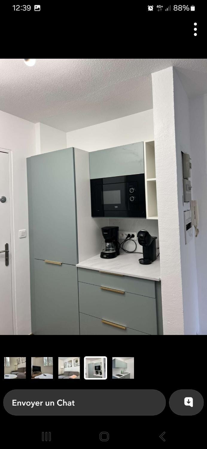 Kitchen or kitchenette, microwave