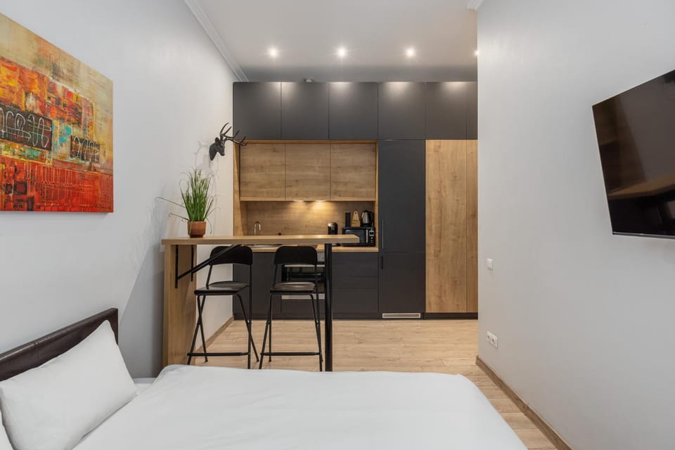 Bed, TV and multimedia, Kitchen or kitchenette, Photo of the whole room, Dining area, Bedroom