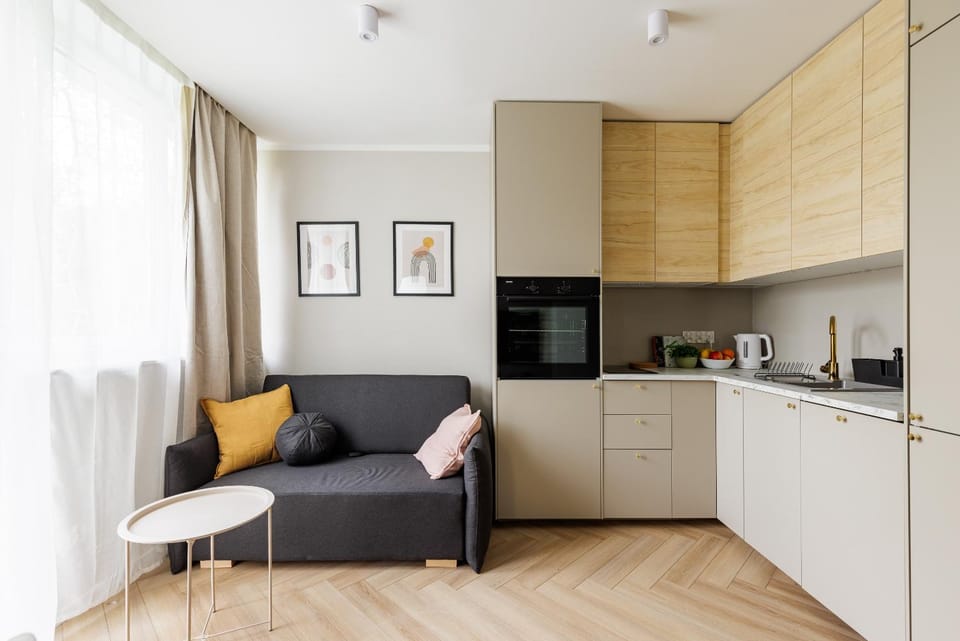 Kitchen or kitchenette, Living room, Seating area