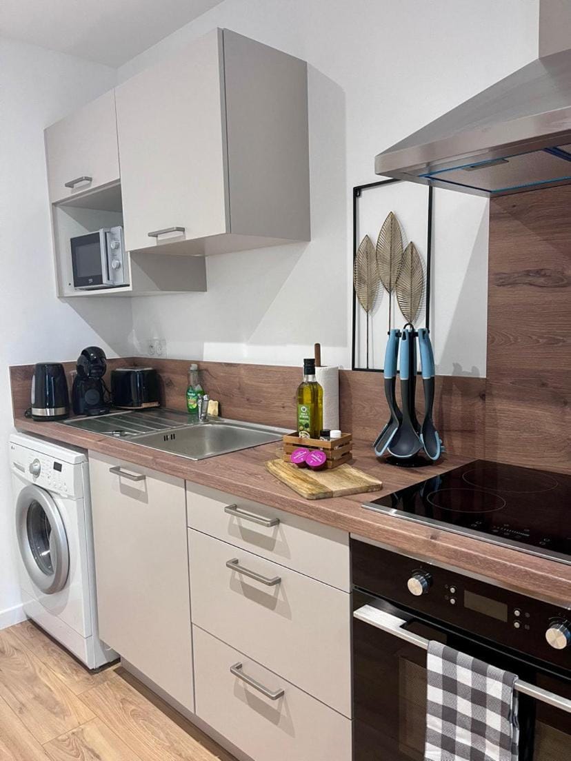 Kitchen or kitchenette, oven, stove, washing machine