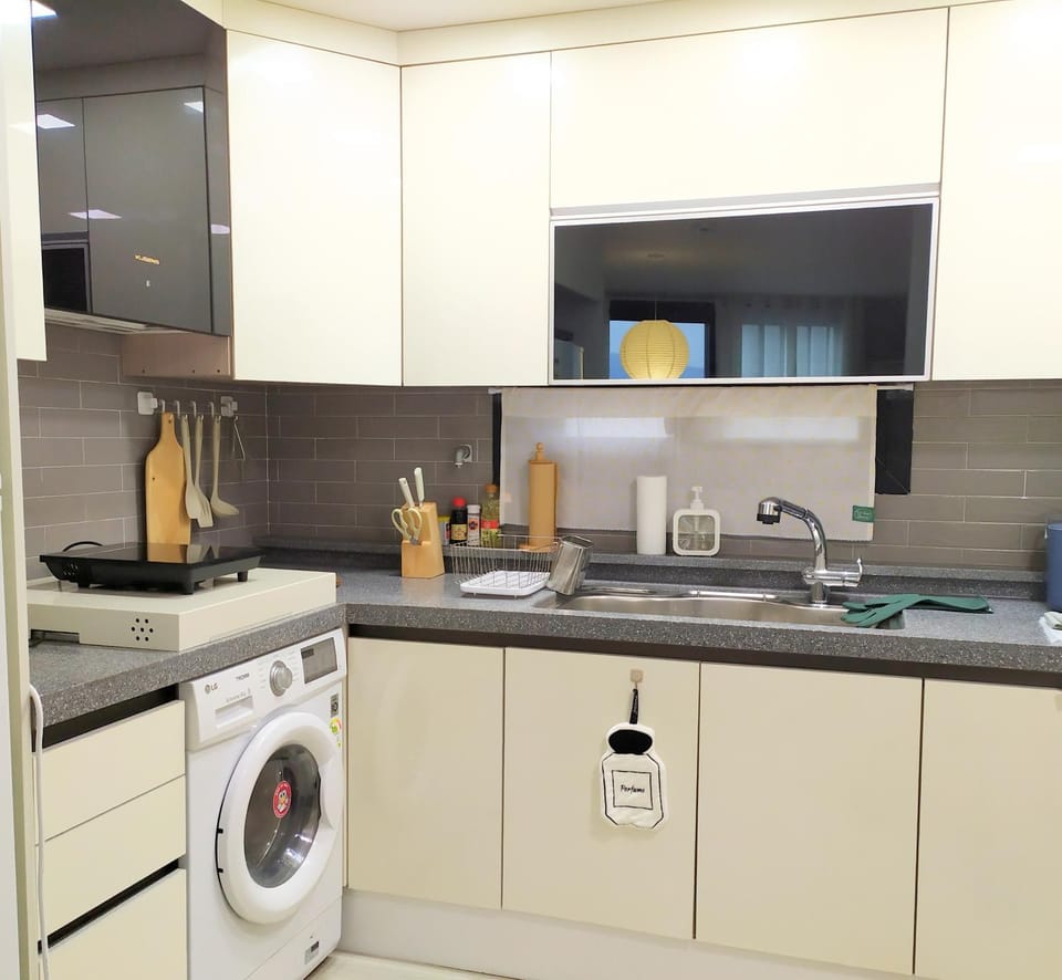 Kitchen or kitchenette, stove, washing machine