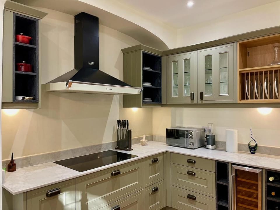 Kitchen or kitchenette, dishwasher, stove, toaster