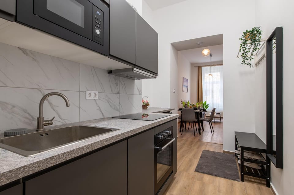 Kitchen or kitchenette, dishwasher, stove