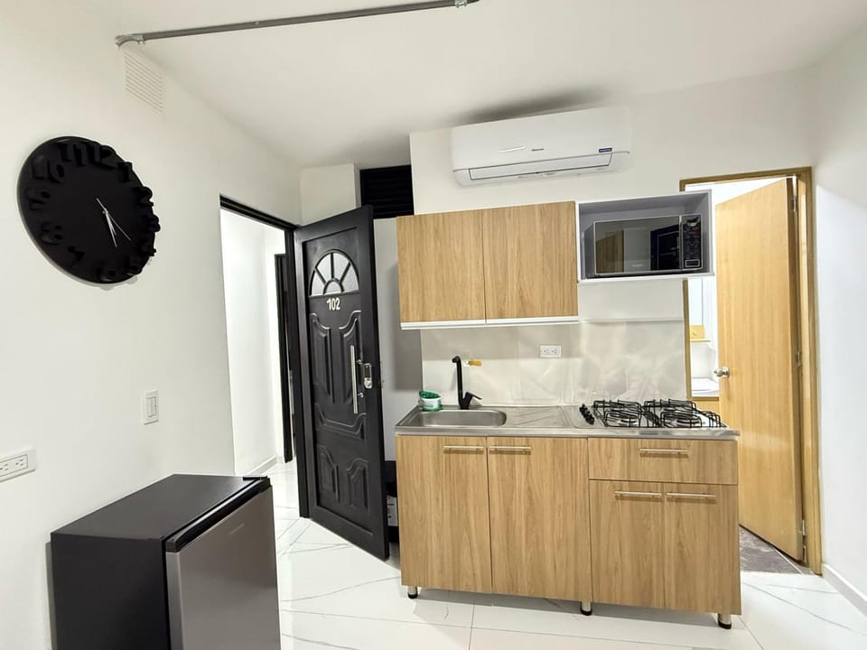 Kitchen or kitchenette, minibar, oven, stove, air conditioner