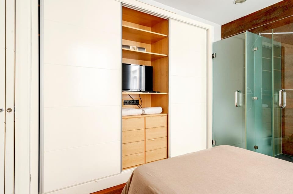 Shower, Toilet, Bed, TV and multimedia, Photo of the whole room, Bedroom, bidet, wardrobe