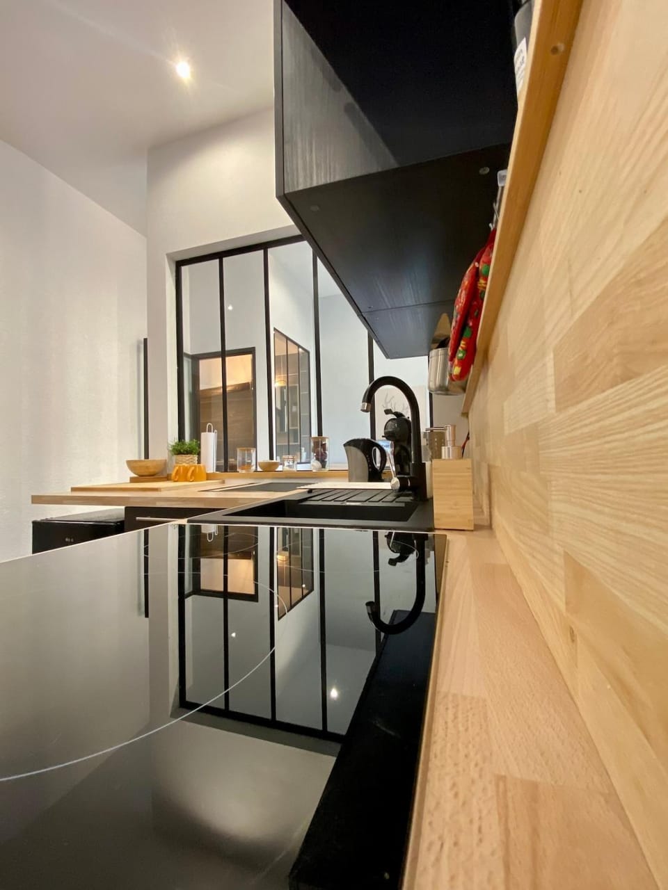 Kitchen or kitchenette, stove
