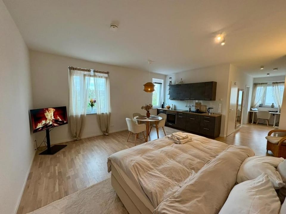Bed, TV and multimedia, Kitchen or kitchenette, Living room, Seating area, Bedroom