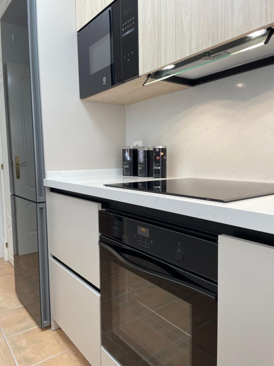 Kitchen or kitchenette, stove
