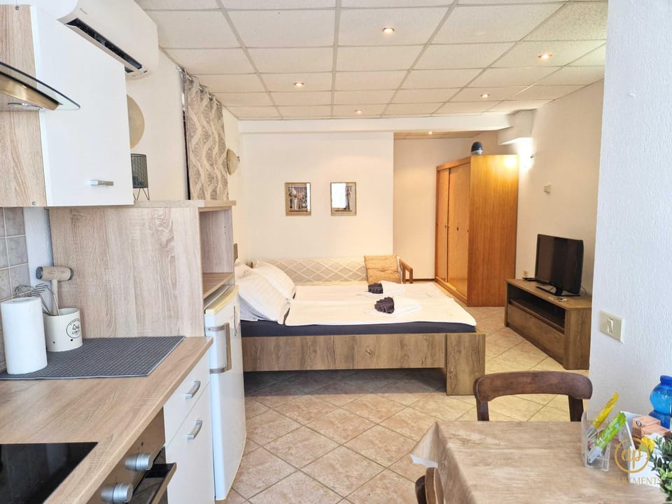 Bed, TV and multimedia, Kitchen or kitchenette, Living room, Photo of the whole room, Seating area, Dining area, Bedroom, oven, towels, air conditioner