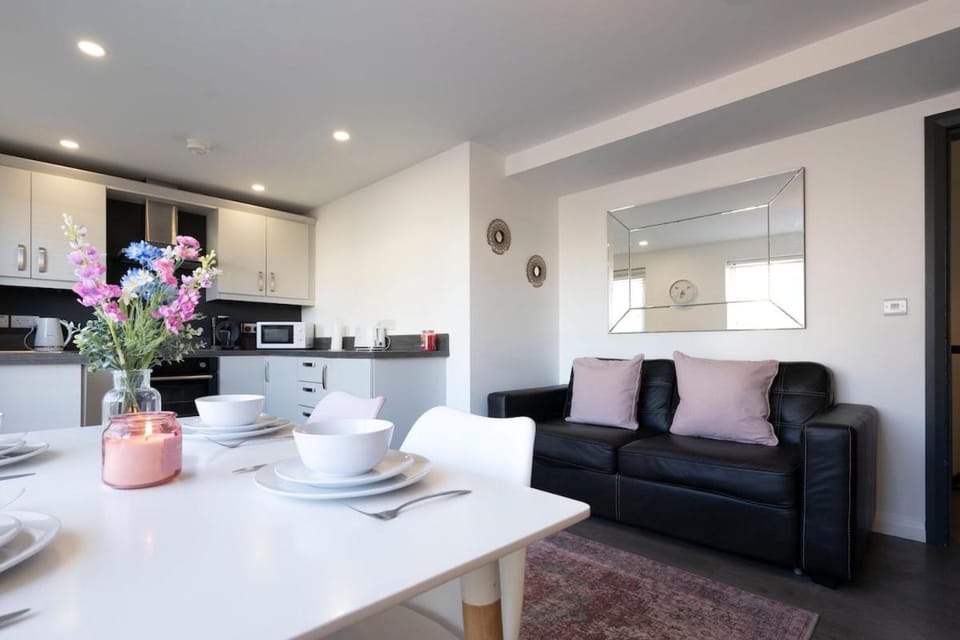 Kitchen or kitchenette, Living room, Seating area, Dining area, stove