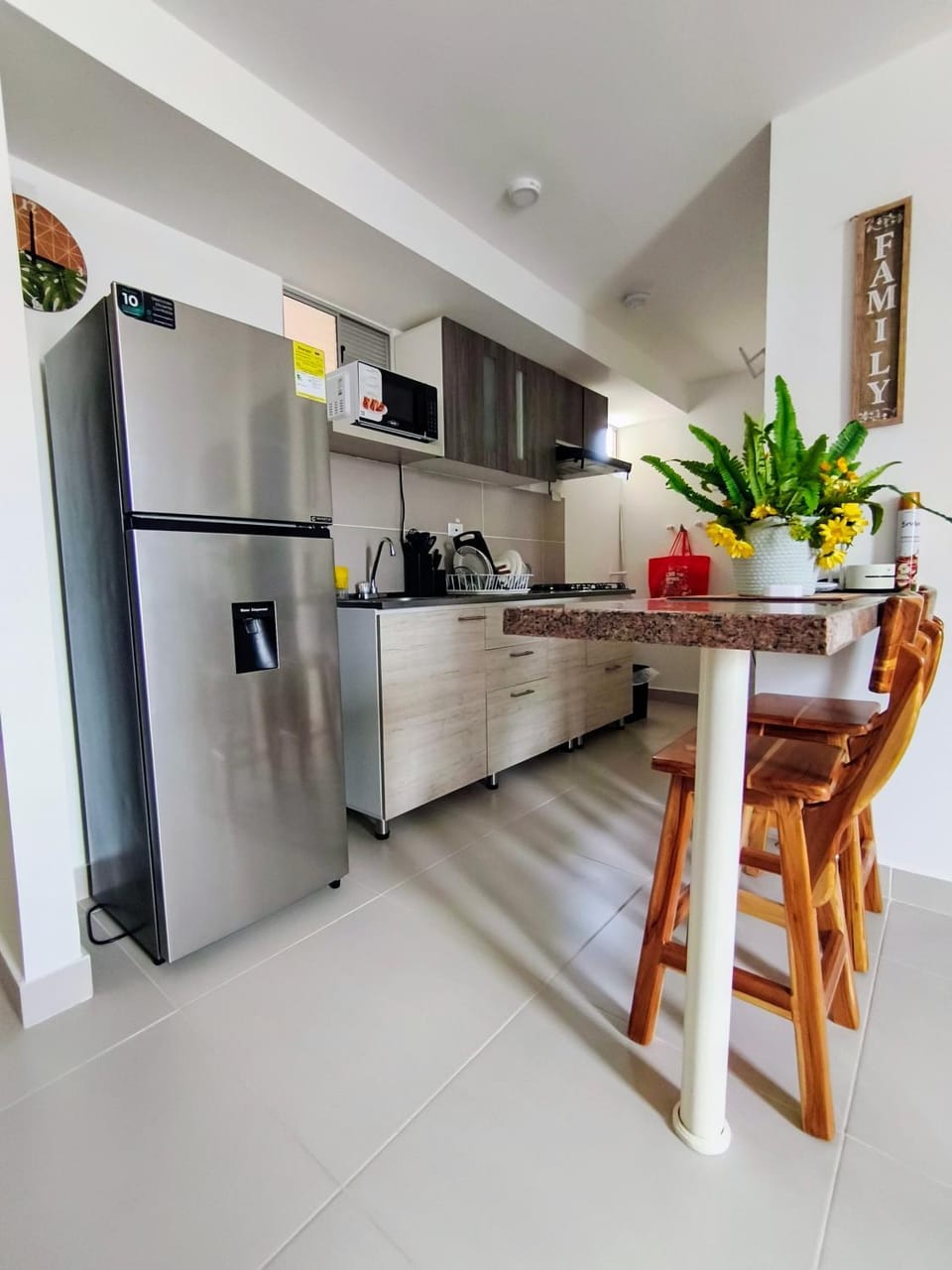 Kitchen or kitchenette, microwave