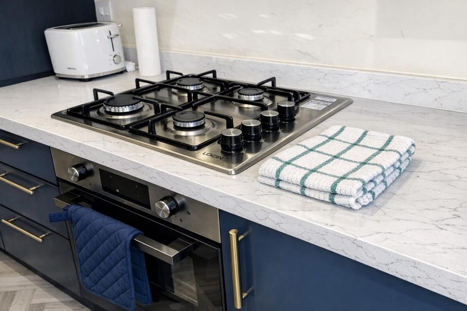 Kitchen or kitchenette, stove