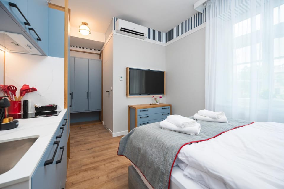 Bed, TV and multimedia, Kitchen or kitchenette, Photo of the whole room, Bedroom, oven, towels, wardrobe, air conditioner