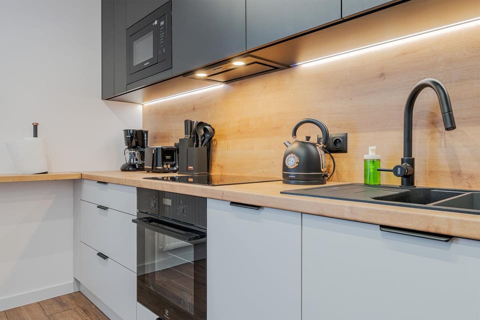 Kitchen or kitchenette, dishwasher, stove, toaster