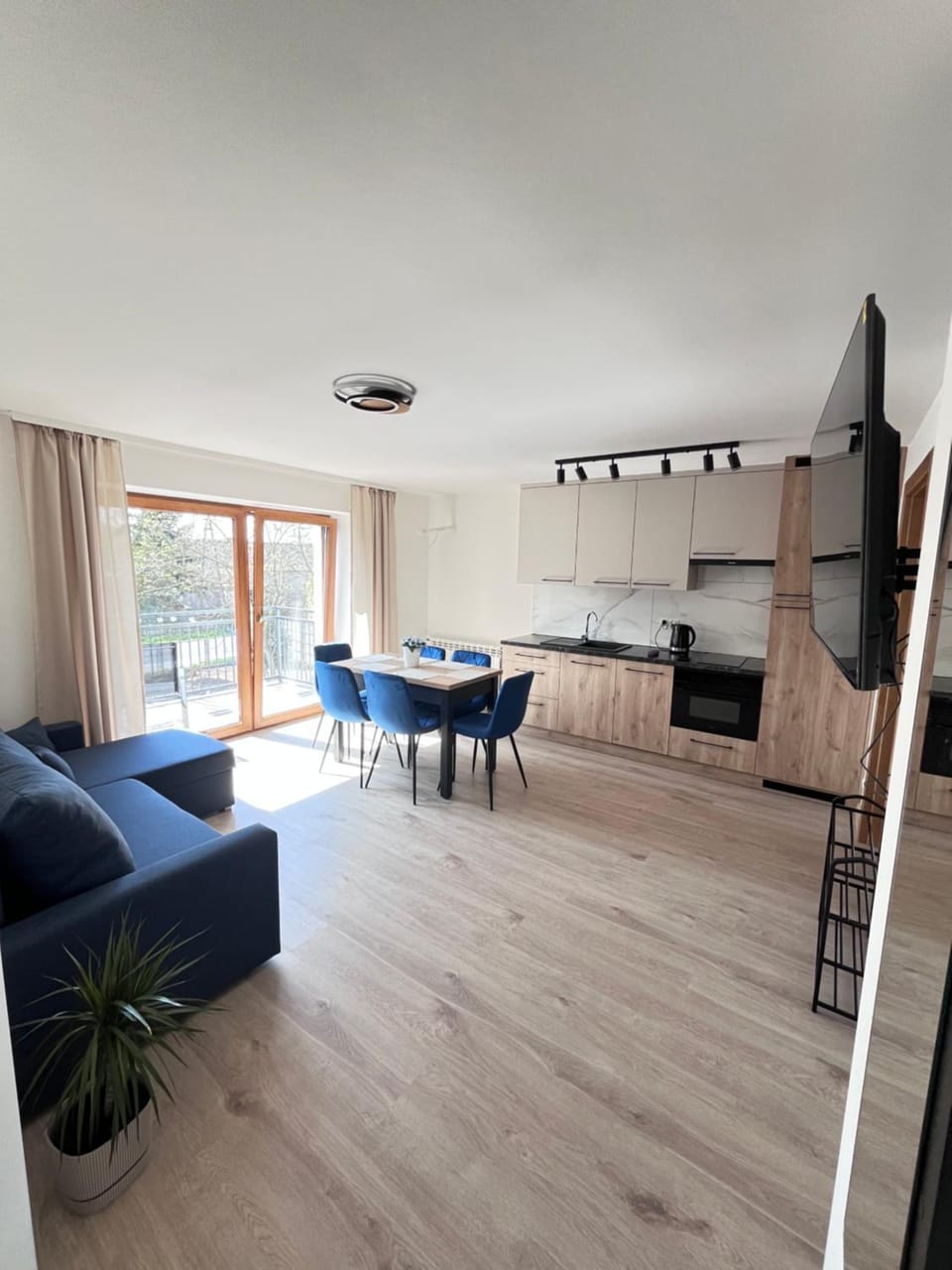 Kitchen or kitchenette, Living room, Seating area, Dining area